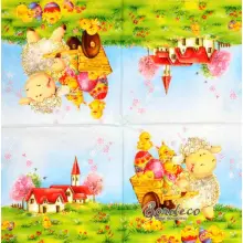 Serwetka do decoupage owieczka i domki 33x33 seria DAISY